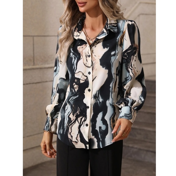 Marble Print Button Down Collared Long Sleeve Shirt Top Gray Beige - Picture 6 of 10